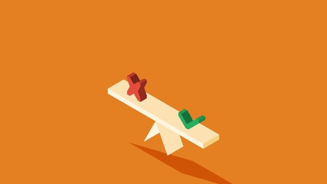 Conceptual seesaw with red X and green check marks