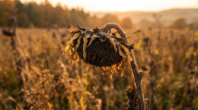 Close up shot of a wilted sunflower head drooping in a dry agricultural field during warm autumn golden hour sunlight at sunset time.