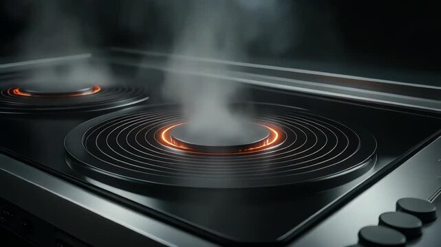 Close-up cinematic video of an electric stove activating with glowing concentric heating elements emerge beneath flawless black glass
