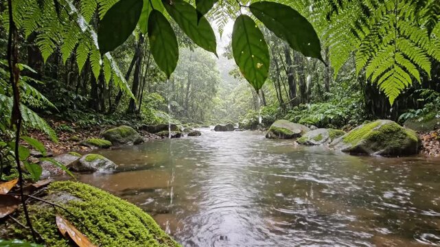 Rainy day in a lush tropical rainforest with a flowing stream and vibrant green foliage