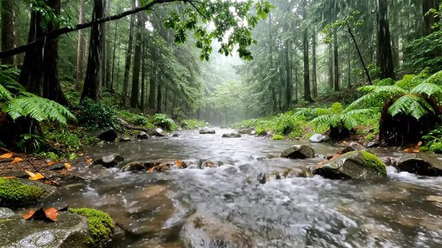 Rainy Day in Lush Green Forest with Flowing Stream and Mossy Rocks