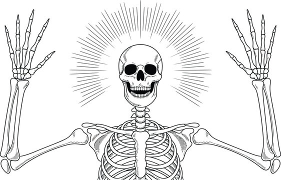 Human skeleton with raised hands and sunburst halo rays in vintage engraving style skeleton sunburst illustration engraving halloween mystical