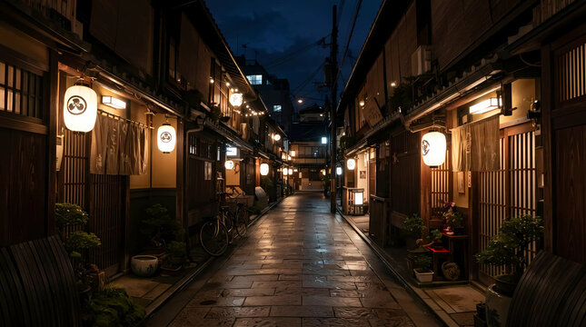 Traditional Japanese street at night with glowing lanterns