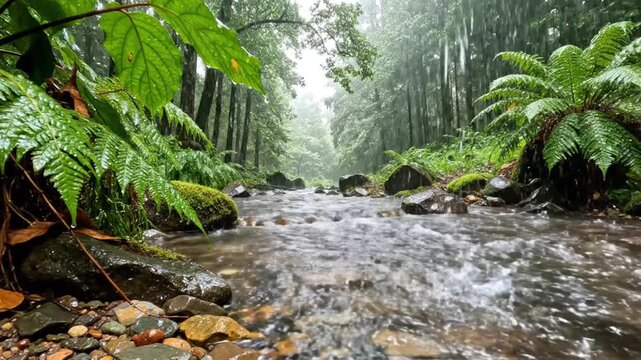 Rainy forest stream flowing between lush green ferns and mossy rocks tranquil nature scene