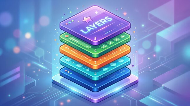 Colorful isometric stack of digital software layers
