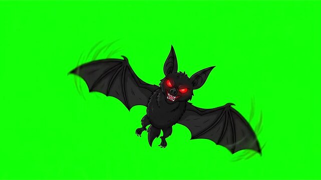 Scary cartoon bat with red eyes on a green screen background, chroma key