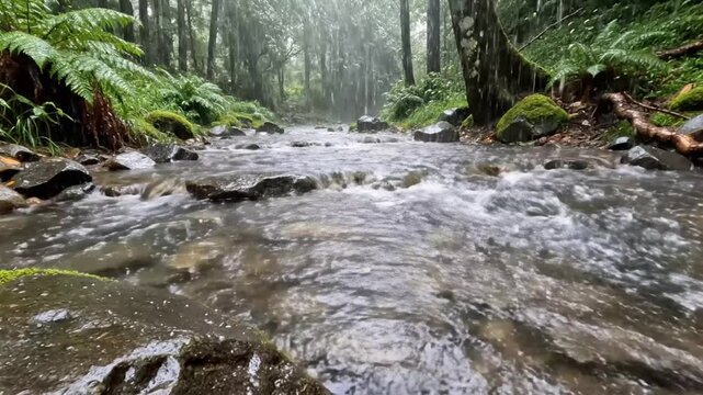 Rainy Forest Stream Flowing Over Rocks Lush Green Ferns and Mossy Trees Moody Atmosphere