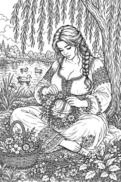 A peaceful woman sits beneath cascading willow branches while weaving a floral wreath, surrounded by baskets, waterfowl, and meadow blossoms in an intricate black and white design.