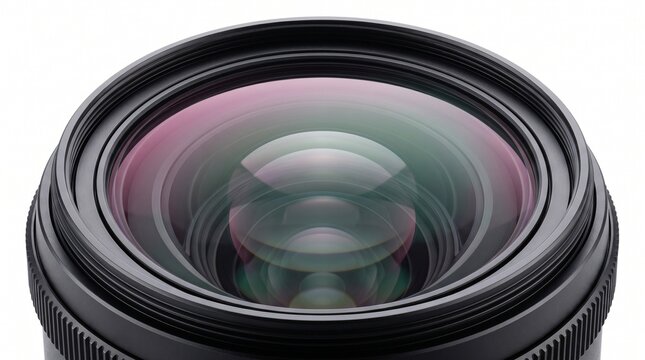 Professional Camera Lens Front View with Optical Glass Reflections on a Pure White Background