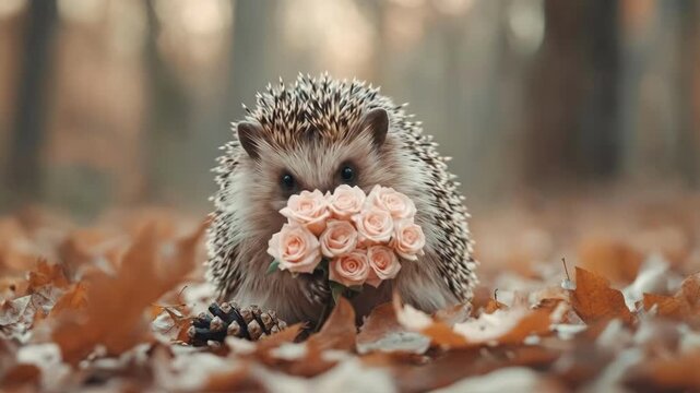 Adorable hedgehog holding pink roses among autumn leaves in forest. The 14th of February. Happy Valentine's Day