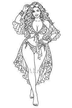 A playful woman adjusts sunglasses above her eyes while posing in a floral bikini and ruffled robe, presented in expressive black and white line art for summer themes.