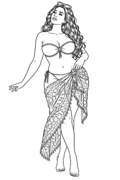 A dreamy woman gazes upward in a bikini and patterned sarong with swim goggles on her head, illustrated in graceful black and white line art for seaside travel concepts.