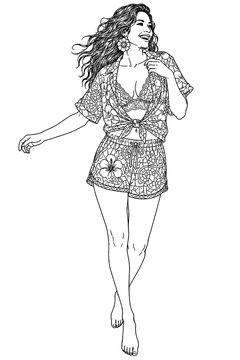 A joyful young woman dances barefoot while wearing a lace bralette, floral shorts, and tied top, presented in expressive monochrome line art for fashion and lifestyle designs.