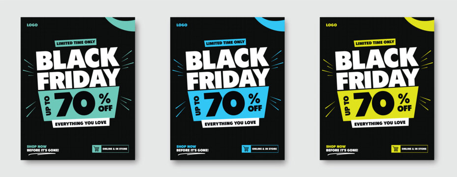 Black Friday sale banner with bold white typography, turquoise accents, 70 percent discount, limited time promotion, shopping offer, online and store retail design 