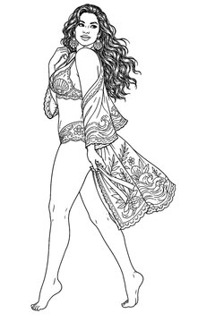 A confident young woman walks barefoot in patterned lingerie and a flowing floral robe, with long wavy hair and a poised expression highlighted by intricate black ink details.