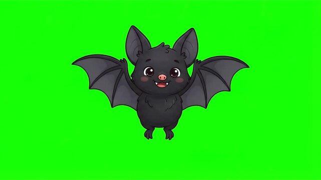 Cute cartoon bat flying on a green screen background, chroma key