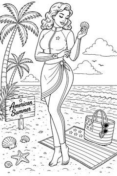 An elegant vintage woman admires a seashell near a striped mat and beach bag, surrounded by palms and gentle waves in a nostalgic American summer scene.