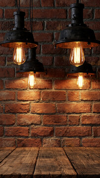 Empty Rustic Wooden Table Against Red Brick Wall with Glowing Industrial Pendant Lights, Loft Interior Background for Product Display