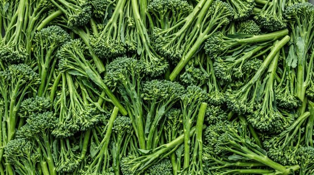 Extreme close up overhead of fresh broccolini stalks packed together creating a natural green texture, ideal for healthy food blogs, restaurant menus, and culinary website backgrounds