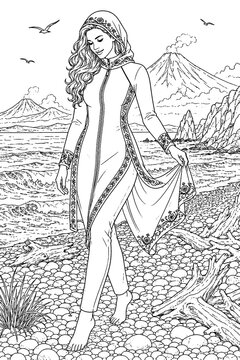 A serene adult walks barefoot in a flowing hooded outfit, lifting its patterned hem beside a wave-washed coast, depicted with refined monochrome detail and natural scenery.