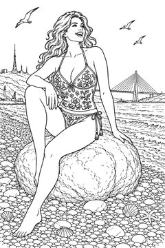 A happy adult sits on a large coastal rock in ornate beachwear, surrounded by shells, driftwood, gentle surf, birds, and a distant bridge in vintage monochrome linework.