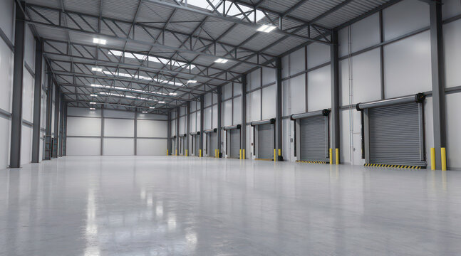 Spacious empty industrial warehouse with closed metal shutter doors