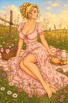 An elegant blonde woman relaxes on a checked picnic blanket among blooming meadow flowers, surrounded by bread, fruit, and a basket in a warm vintage countryside scene.