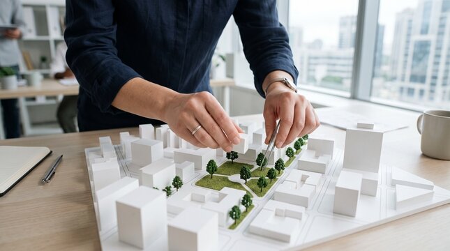 Urban Planner Building a Green Corridor Into a Scale City Model