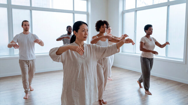 Focused instructor leads diverse group through calming tai chi in bright studio