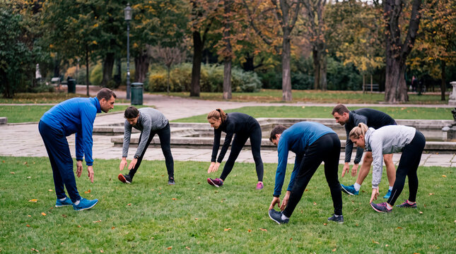 Energized runners stretch together in circle before group workout in park
