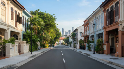Fototapeta premium Traditional colorful shophouses on a Singapore street with modern skyline