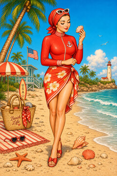 An elegant woman in a red nautical outfit examines a seashell along a sunny shoreline, with an American flag, lighthouse, woven basket, palms, and seabirds nearby.