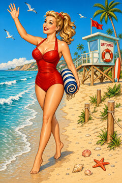 A joyful blonde woman waves while carrying a rolled beach towel along the waterline, with seabirds, a lifeguard station, surfboard, palms, and bright coastal scenery.
