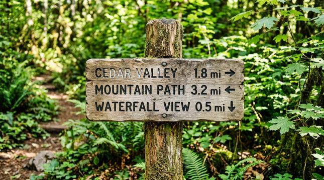 Wooden trail sign in lush forest pointing to Cedar Valley, Mountain Path, Waterfall View