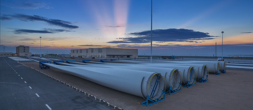Wind Turbine Blades Storage Yard At Twilight