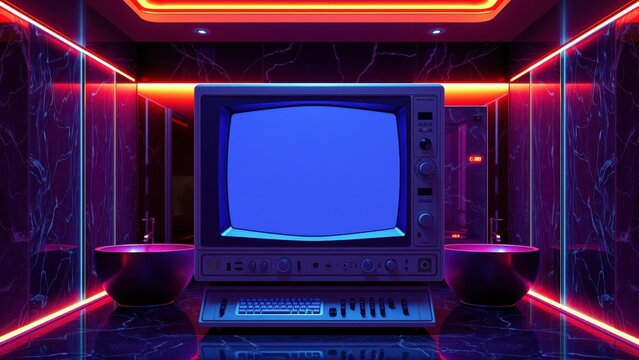 Retro television setup within neon illuminated room. Dark marble walls reflect vibrant red, blue light. Minimalist aesthetic.