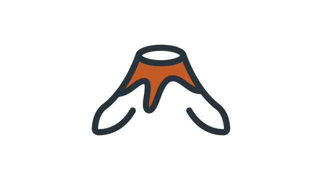 Outline style volcano logo with orange lava detail.