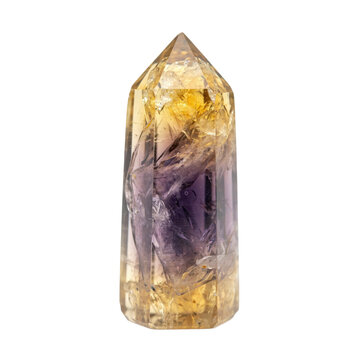 Polished ametrine crystal tower with yellow citrine and purple amethyst zones isolated on a transparent background