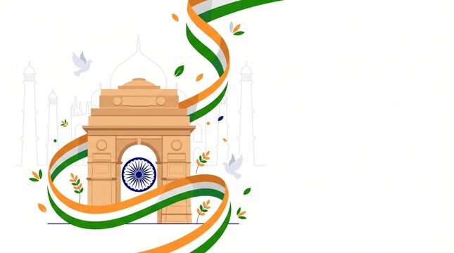 Monument illustration with Indian flag motifs and doves flying  