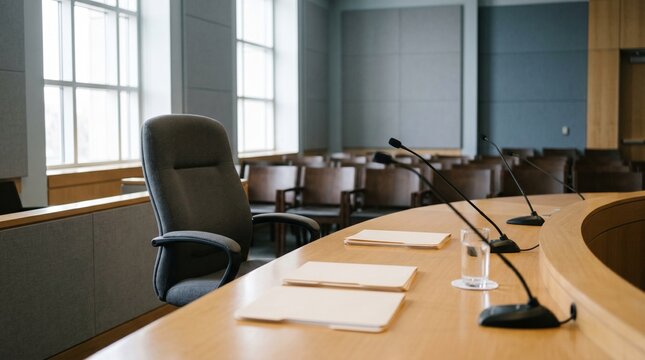 Courtroom setting with empty chair, documents, and microphone  