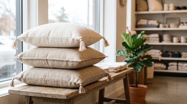 Stack of Neutral Linen Pillows in a Calm Modern Home Interior