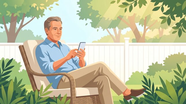 Senior Man Using a Smartphone While Relaxing in a Garden Chair