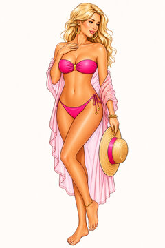 A confident blonde woman poses in a bright pink bikini and flowing coverup while holding a straw hat, presented as polished retro fashion art on a clean background.