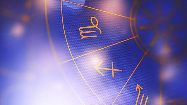 Astrology zodiac signs in a colorful design on a dark background with symbols and patterns