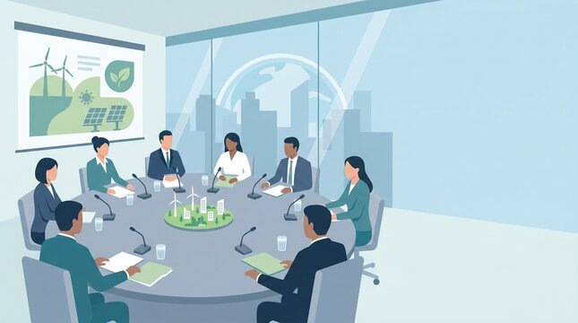 Corporate Team Reviewing Sustainability Goals Around a Conference Table