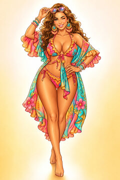 Colorful retro illustration shows a joyful brunette vacationer winking and adjusting her sunglasses while wearing floral swimwear and a sheer coverup in a sunny resort setting.