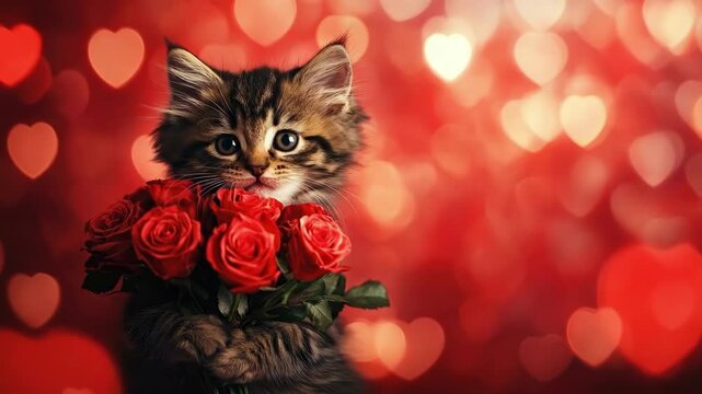 Cute kitten holding red roses with heart-shaped bokeh background. The 14th of February. Happy Valentine's Day