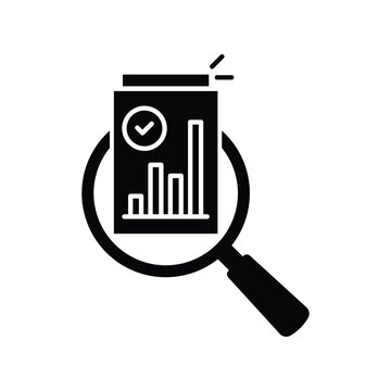 black magnifier like income scrutiny overview icon. flat trend silhouette simple exam or profit logotype web design isolated on white. concept of inspection pictogram or survey symbol