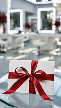 Blank White Gift Certificate with Elegant Red Satin Ribbon and Bow on Glass Counter in Bright Modern Beauty Salon, Luxury Voucher Mockup Concept