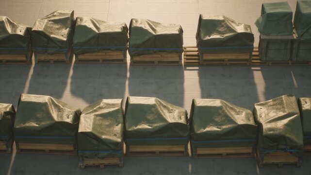 Global logistics and supply chain, Shot of packed cargo tarp pallets top view. 3d animation.
